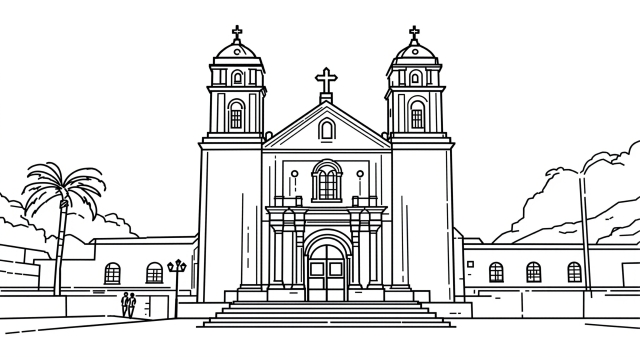 エクアドル・キト、グアプロ教会の精密な線画イラスト - コロニアル・バロック様式の歴史的建造物