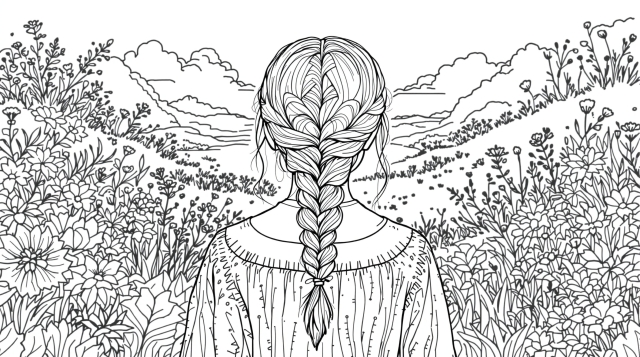 A young girl with an intricate braided hair viewed from behind in a detailed natural landscape coloring page.