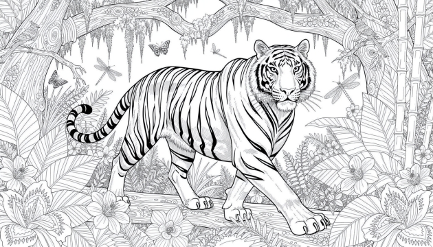 A powerful tiger walks toward you through a tropical jungle framed by hanging vines and exotic blooms.