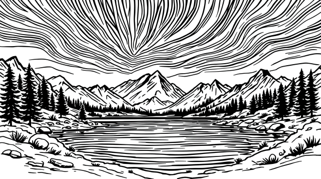 オーロラと山岳湖のミニマルな大人の塗り絵 - 幻想的な空の波模様