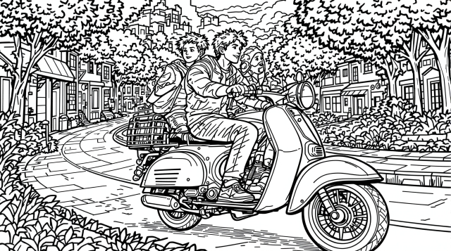 ビンテージスクーターで田園地帯を駆ける3人の少年少女の精密な塗り絵