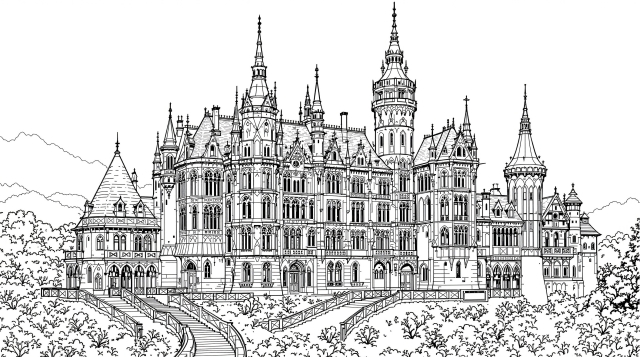 ドラッヘンブルク城の塗り絵 - ヴィクトリア朝ゴシック建築と段々庭園の緻密な大人向けぬりえ