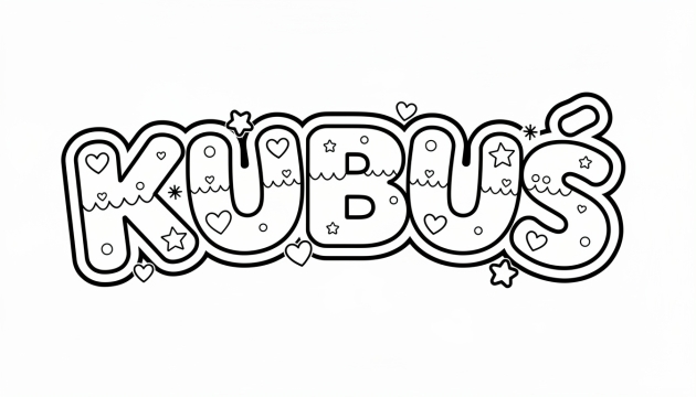 Wesoła kolorowanka przedstawiająca połączone imię KUBUŚ w stylu bąbelkowym z efektami kapiącymi oraz ozdobnymi serduszkami i gwiazdkami.