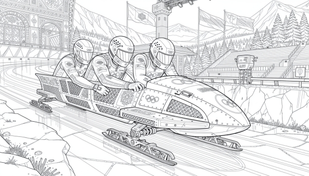 A four-man bobsled team races down an icy Olympic track past ornate venue architecture.