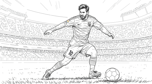 リオネル・メッシのドリブルシーン｜ユニフォームの細部まで描き込まれた大人向けサッカー塗り絵