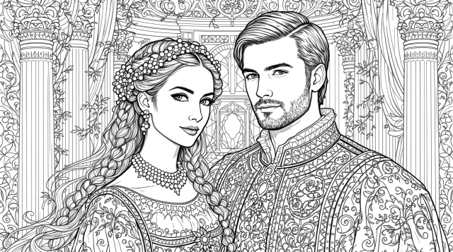 優雅なルネサンス時代のカップル塗り絵 - 精巧な衣装と建築背景を描いた大人の塗り絵