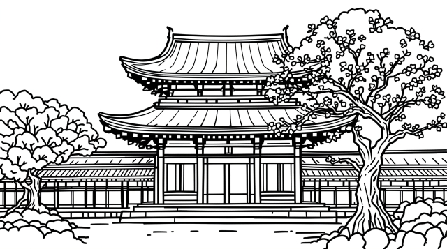 桜と多重塔のある日本の寺院の塗り絵ページ - 禅スタイルの和風デザイン