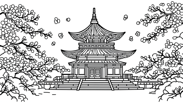 桜と日本の寺院の塗り絵 - 優美な和風建築と桜の花びらを楽しむ大人の塗り絵ページ