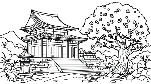 蓮の花と優雅に泳ぐ鯉を描いた、静寂な池の風景の大人の塗り絵