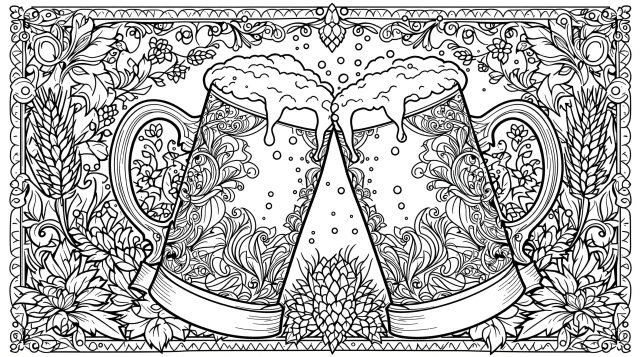Two ornate beer steins clinking in a celebratory toast beneath decorative mushrooms in this intricate adult coloring page.