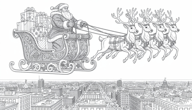 Santa Claus in his ornate sleigh pulled by six reindeer flying above a vast cityscape coloring page.